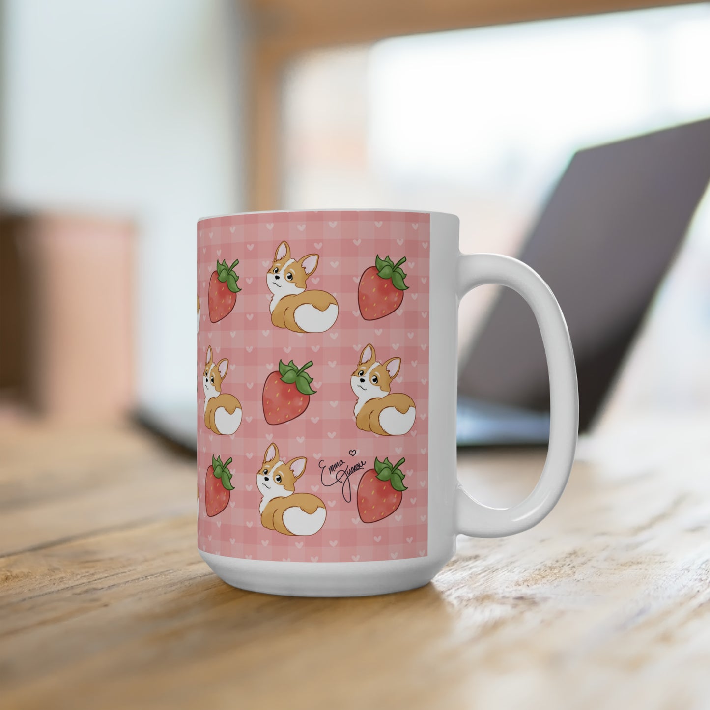 Corgi Butt and Strawberries Pink Heart Gingham 15 oz Mug