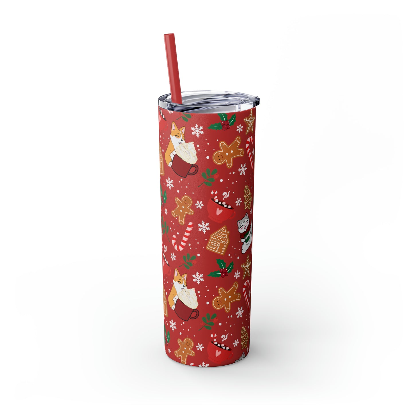 Kitty and Corgi Cocoa and Gingerbread Christmas - Skinny Tumbler with Straw, 20oz