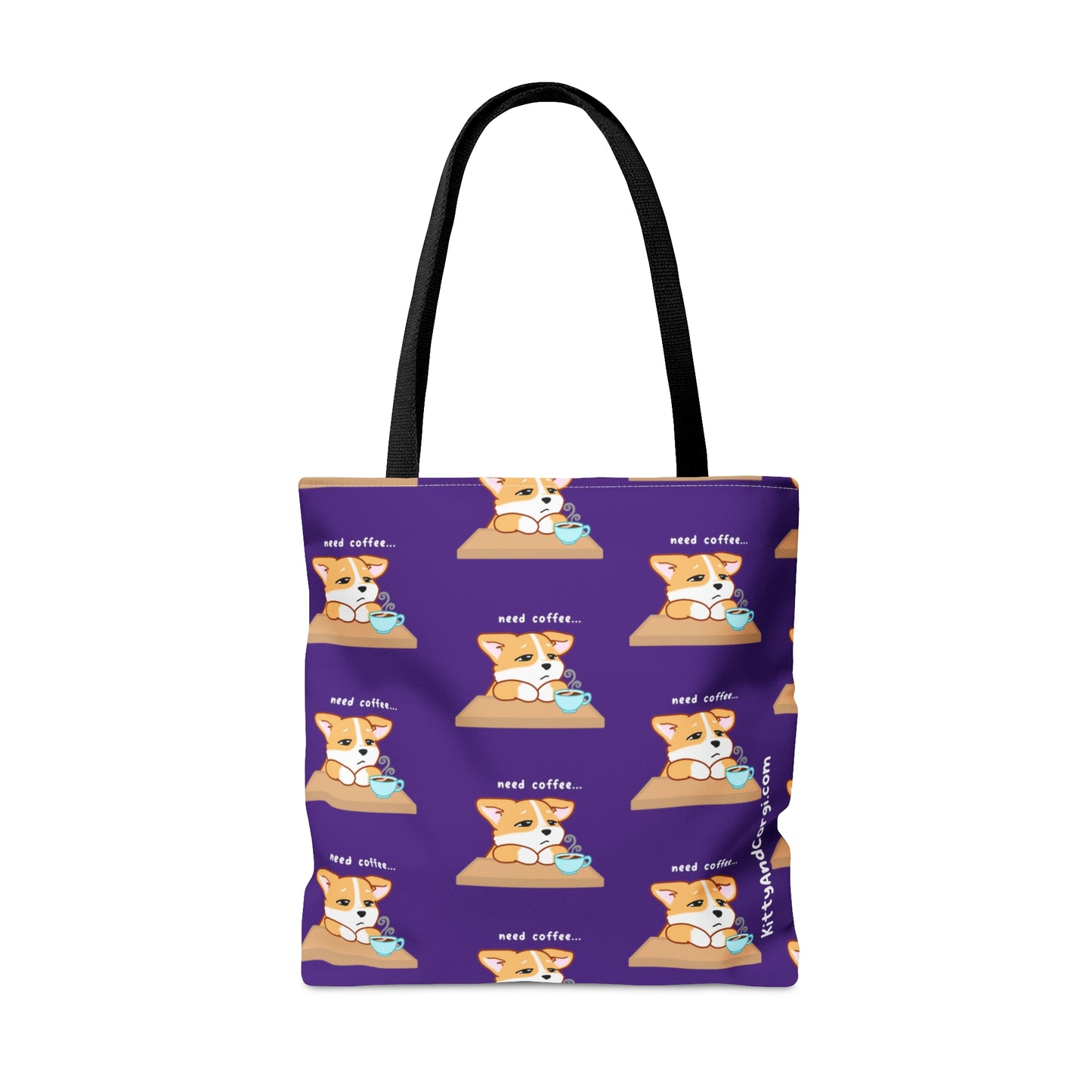 Corgi Needs Coffee - Repeating Pattern in Dark Purple - Tote Bag
