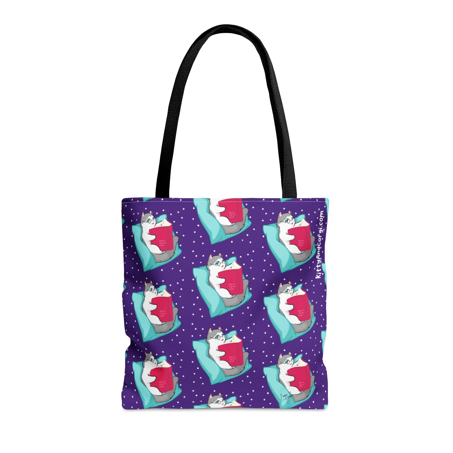 Kitty Reading a Book - Repeating Pattern in Dark Purple - Tote Bag (AOP)