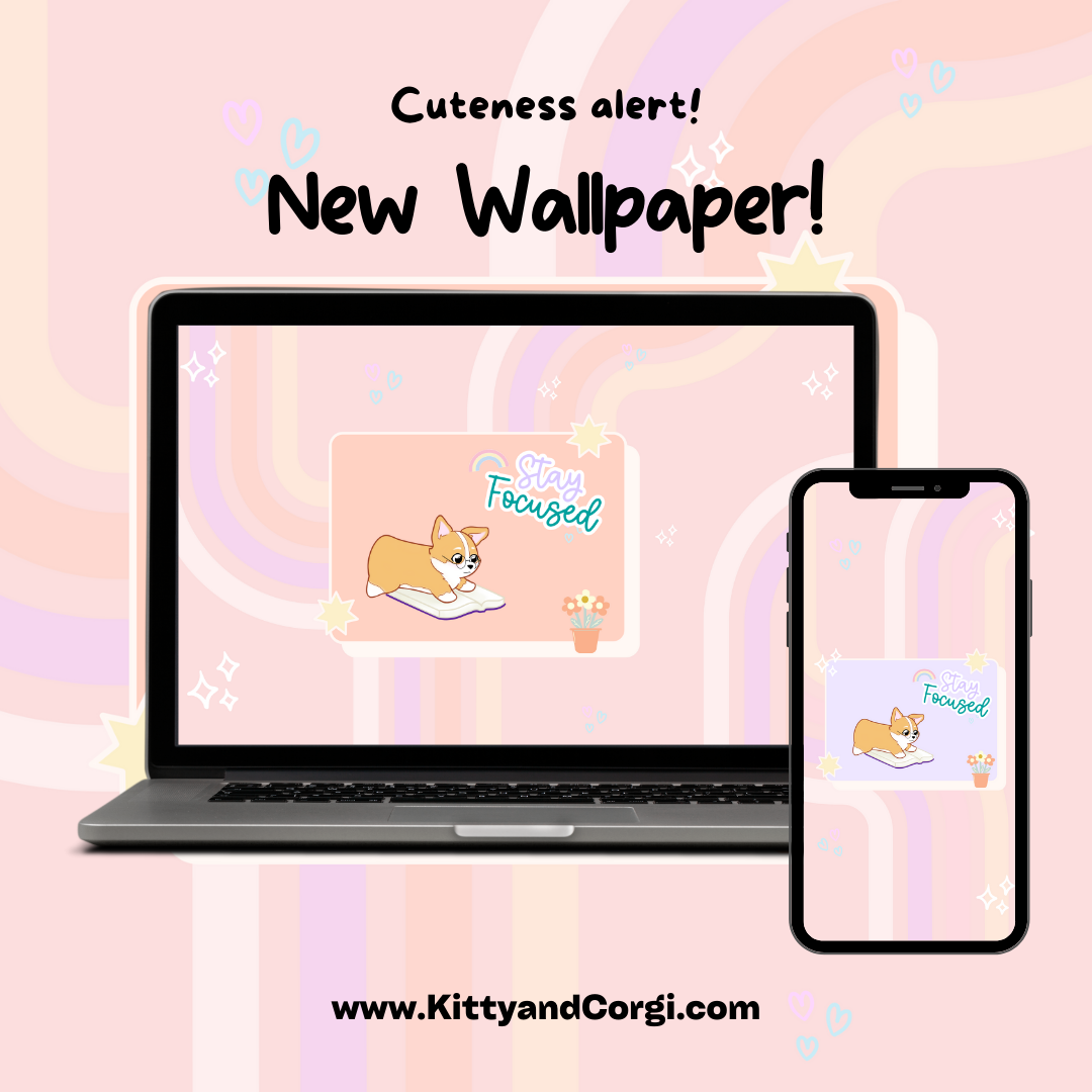 Corgi Retro Inspired Desktop Wallpaper - Stay Focused - Various Colors