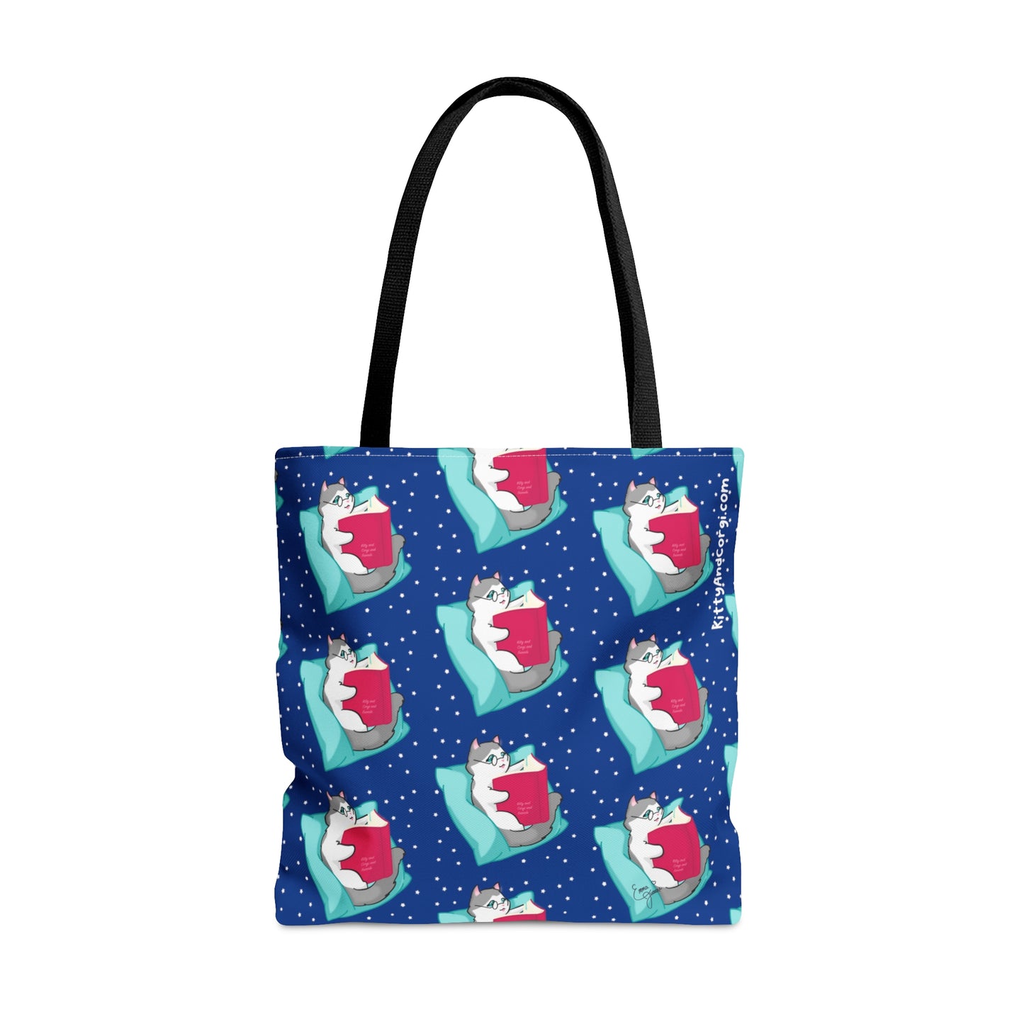 Kitty Reading a Book - Repeating Pattern in Midnight Blue - Tote Bag (AOP)
