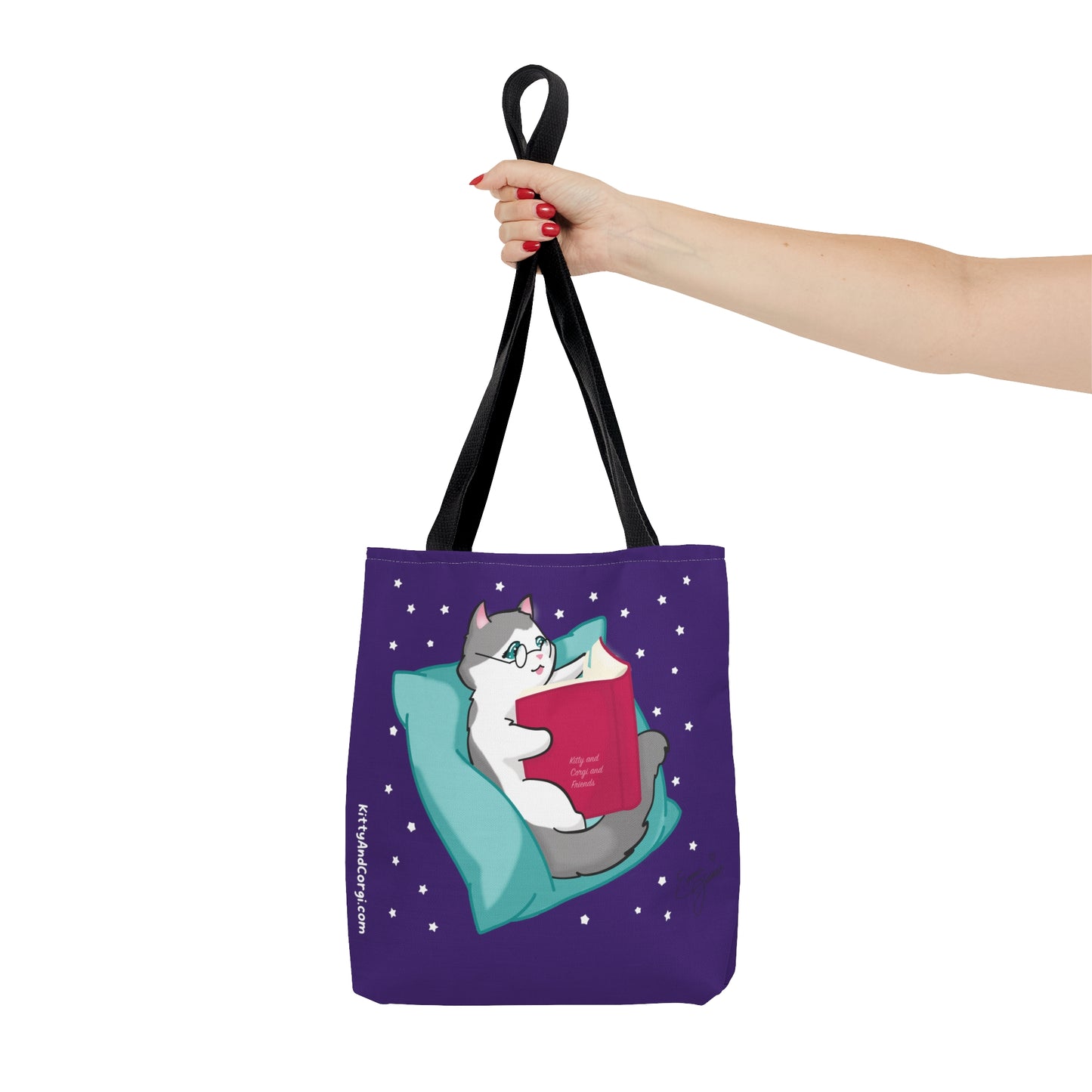 Kitty Reading a Book - single design - Dark Purple Tote Bag (AOP)
