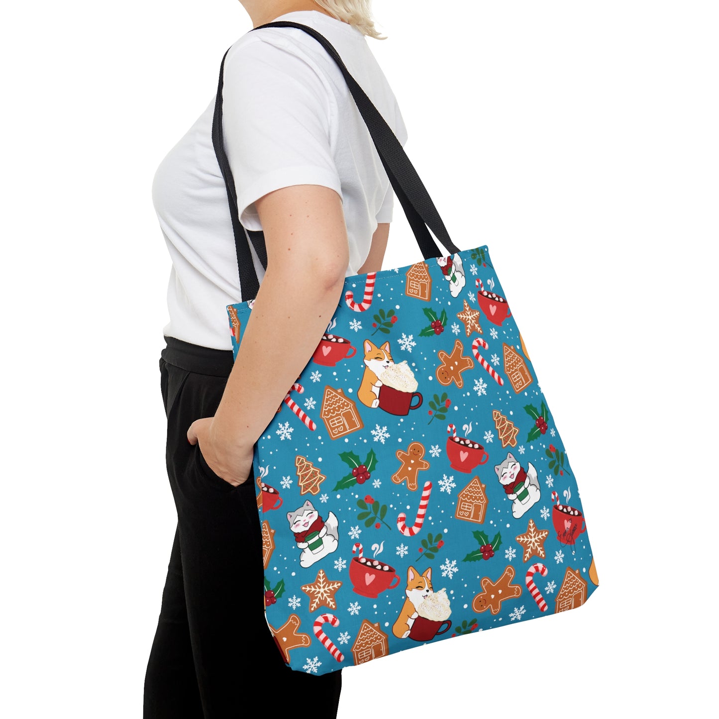 Kitty and Corgi Cocoa and Gingerbread Patterned Turquoise Tote Bag