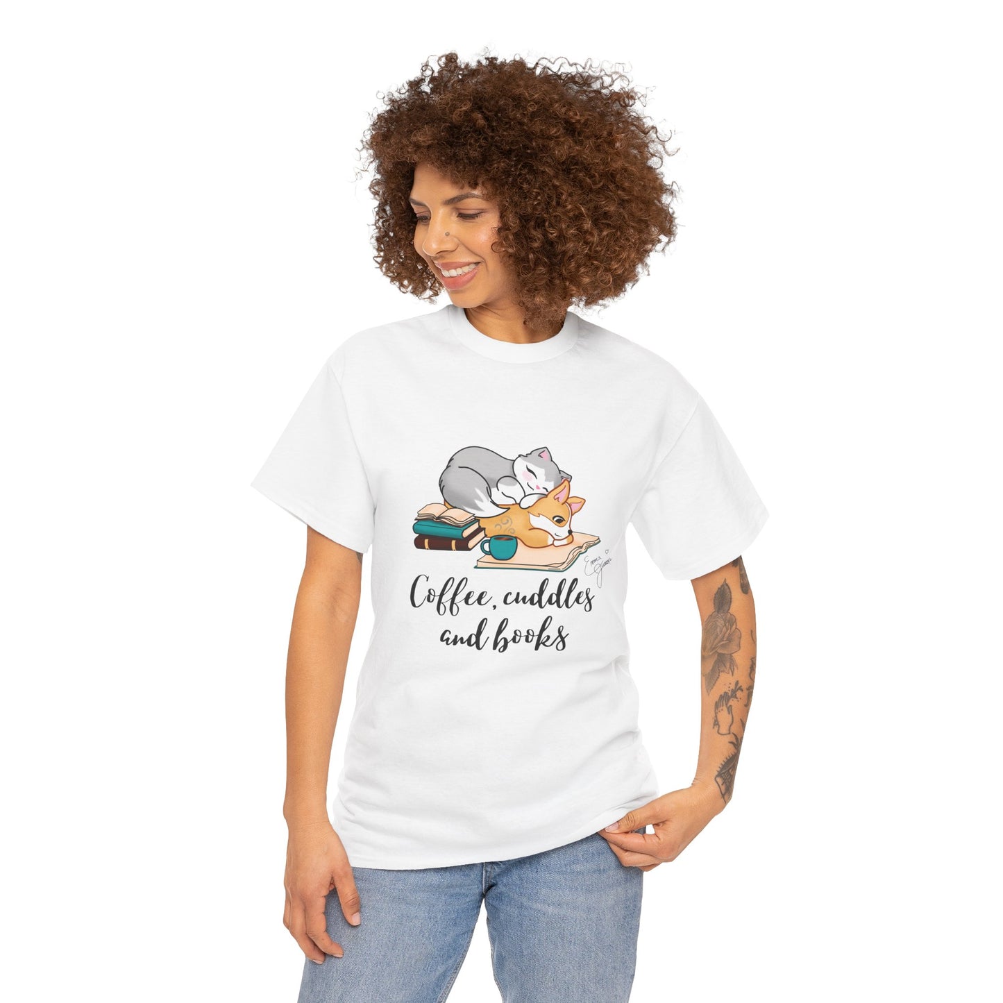 Kitty and Corgi Coffee Cuddles and Books Unisex Heavy Cotton Tee