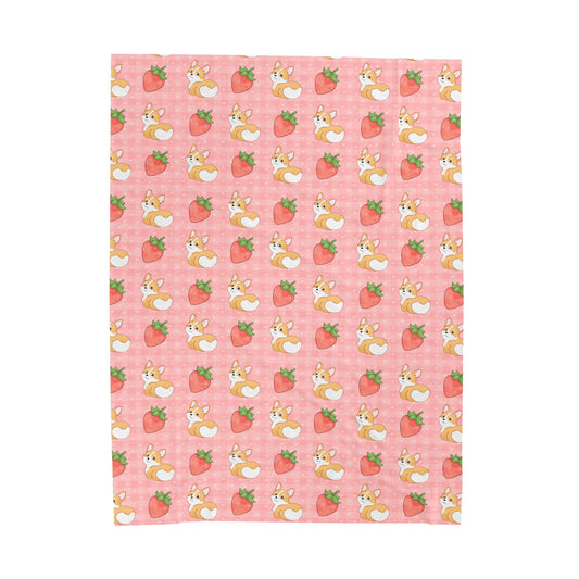 Corgi Butt and Strawberries Pink Gingham and Hearts Velveteen Plush Blanket