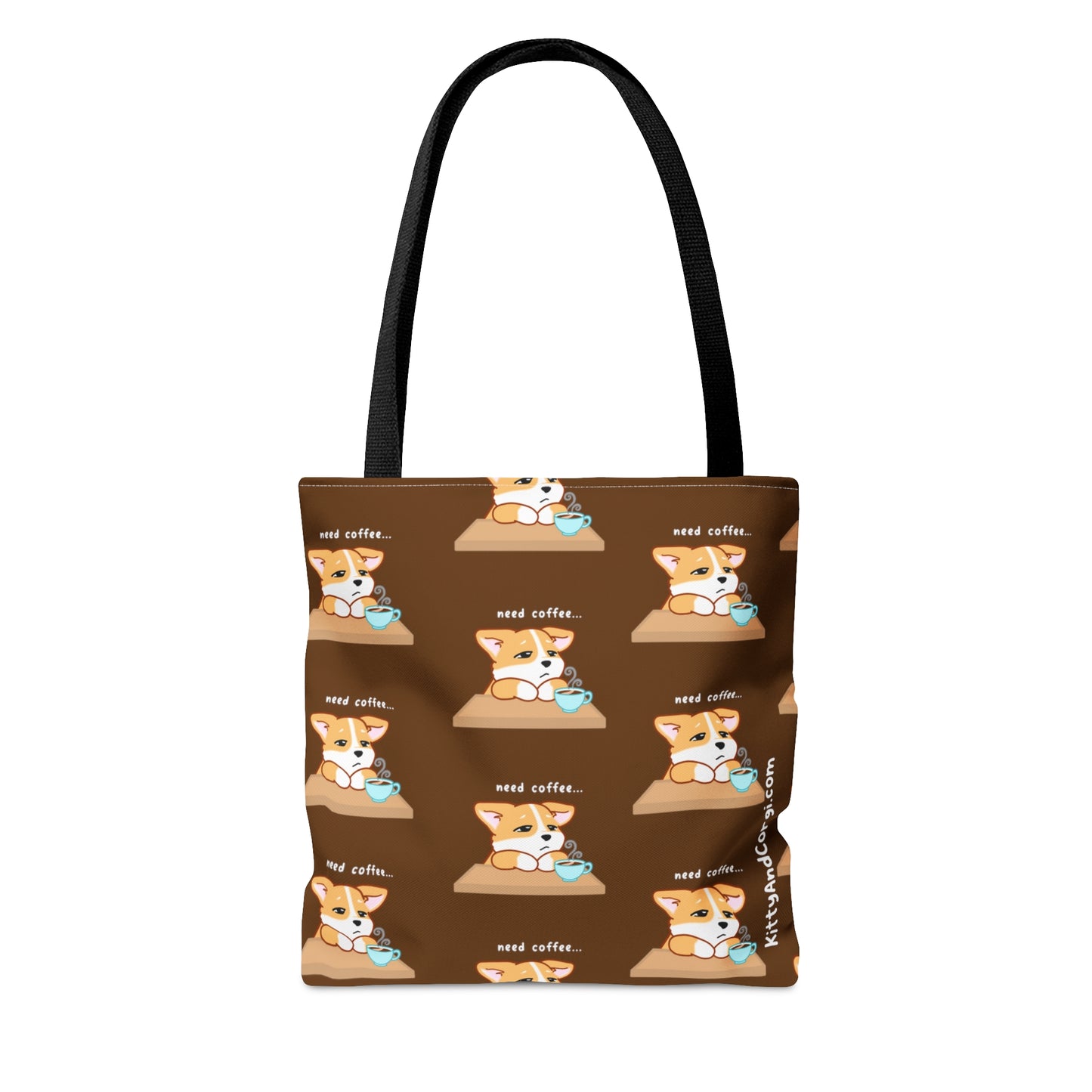 Corgi Needs Coffee - Repeating Pattern in Coffee Brown - Tote Bag