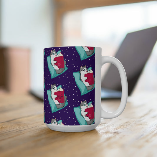 Kitty Reading a Book - Patterned Purple Ceramic Mug 15oz
