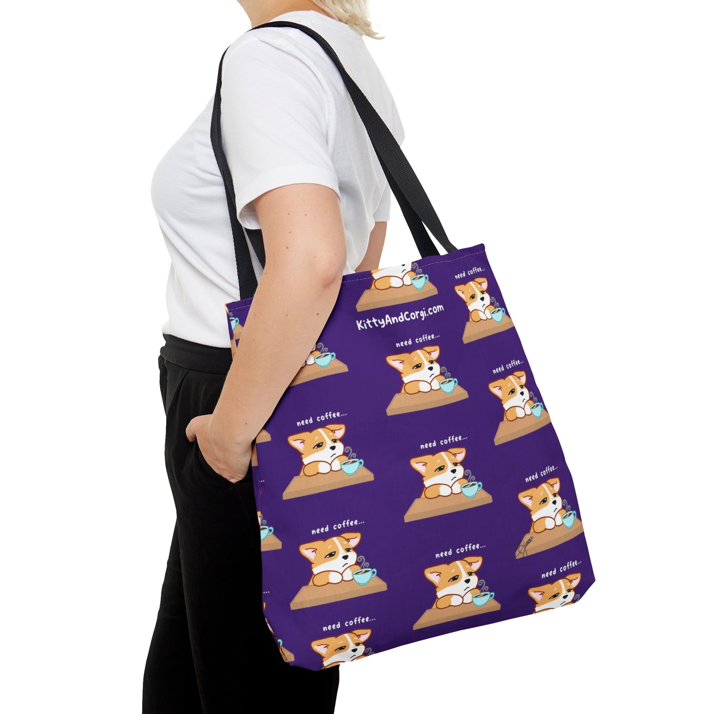 Corgi Needs Coffee - Repeating Pattern in Dark Purple - Tote Bag