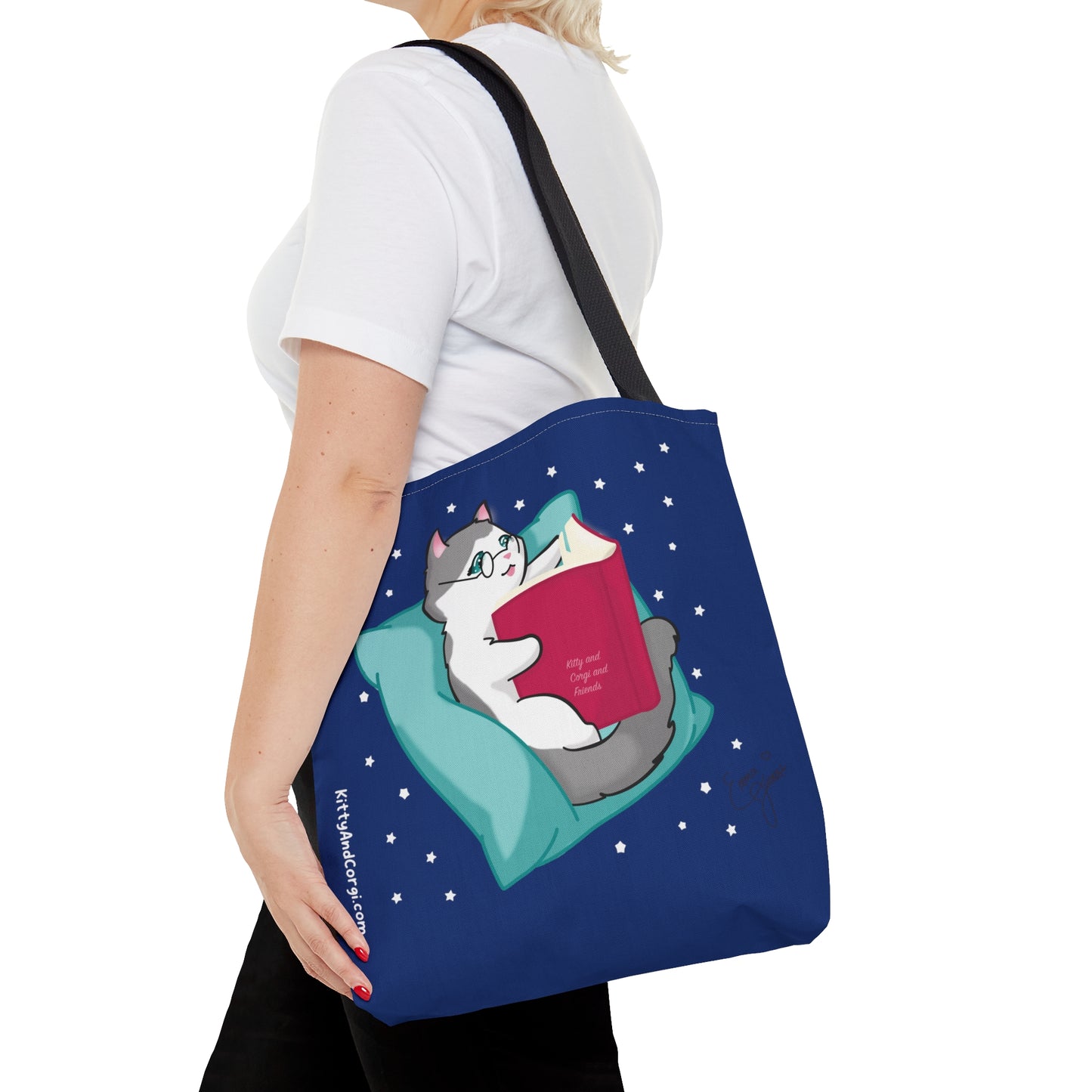 Kitty Reading a Book - single design - Midnight Blue Tote Bag (AOP)