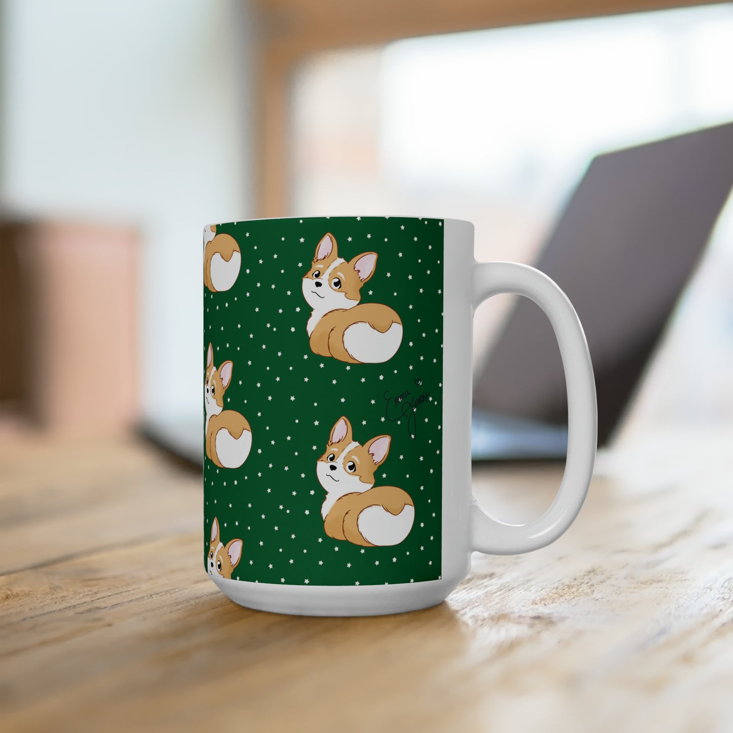 Corgi Butt Patterned Ceramic Mug - Christmas Green with stars - 15oz