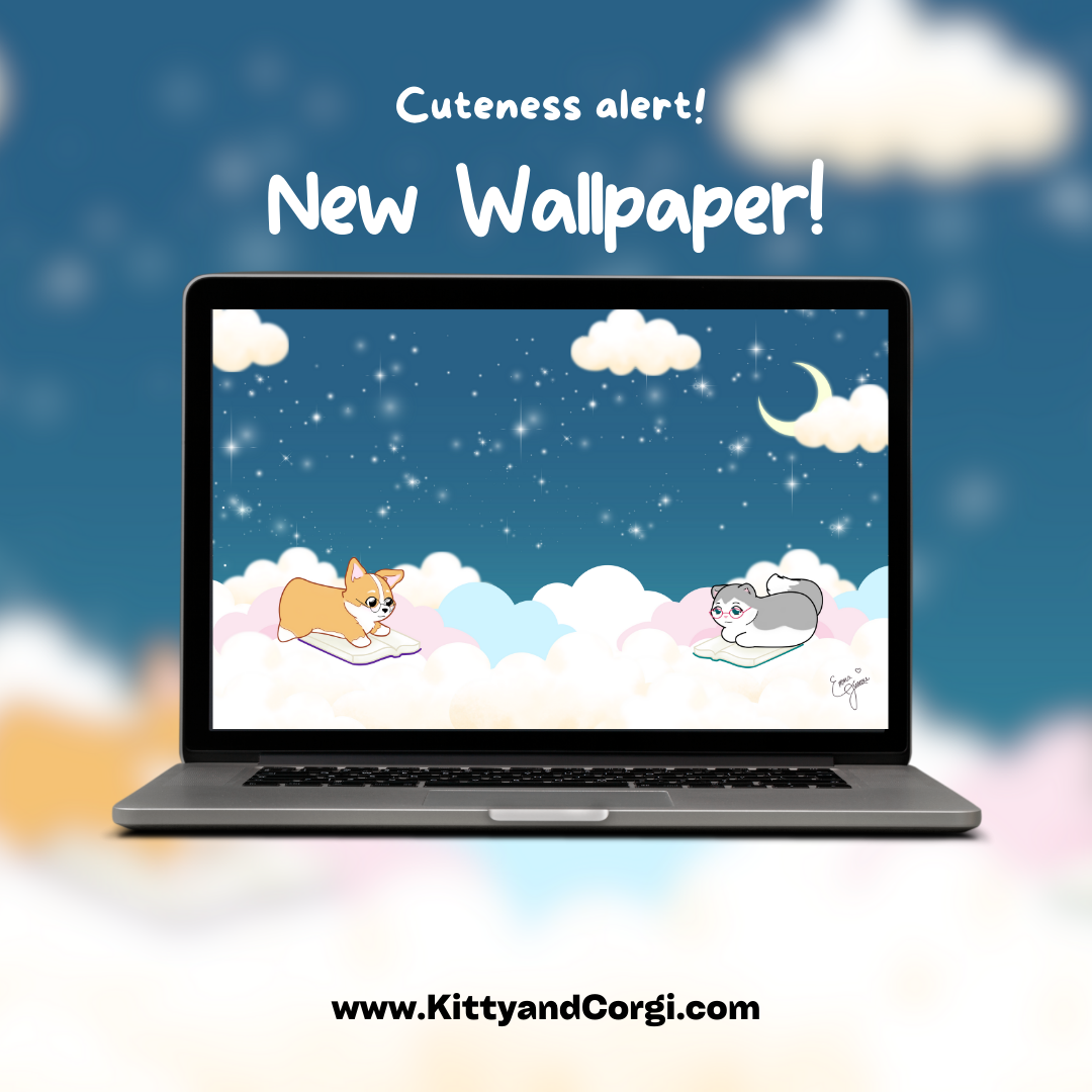 Kitty and Corgi Reading Under the Night Sky - 4k Desktop Wallaper