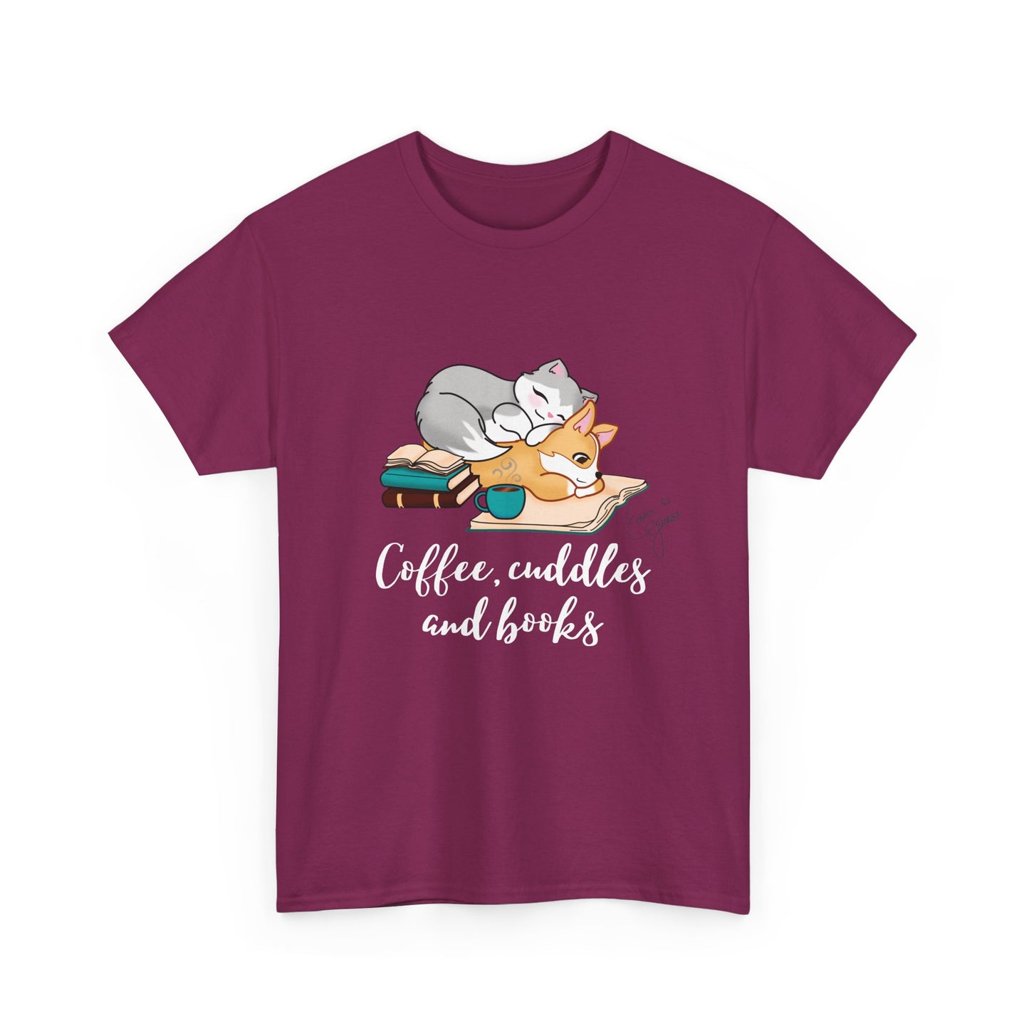 Kitty and Corgi Coffee Cuddles and Books Unisex Heavy Cotton Tee