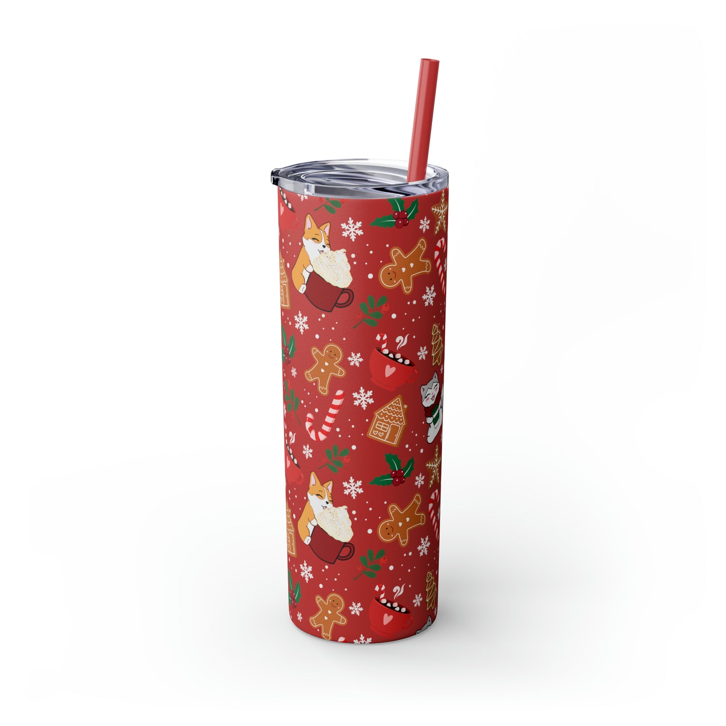 Kitty and Corgi Cocoa and Gingerbread Christmas - Skinny Tumbler with Straw, 20oz