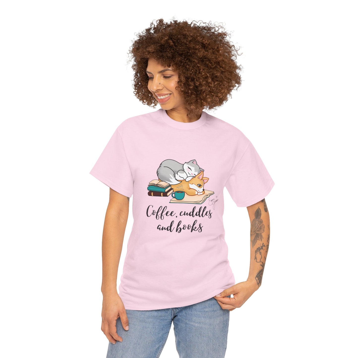 Kitty and Corgi Coffee Cuddles and Books Unisex Heavy Cotton Tee