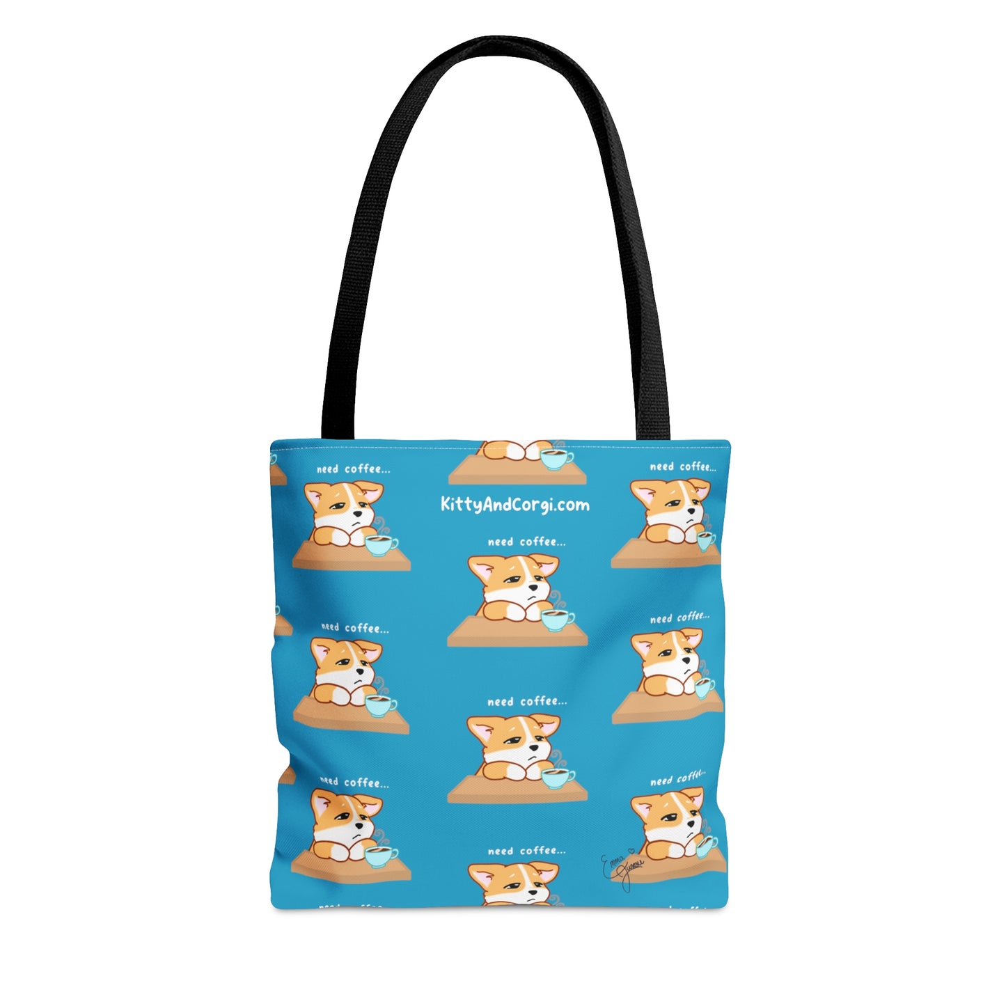 Corgi Needs Coffee - Repeating Pattern in Turquoise - Tote Bag