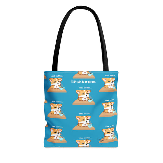 Corgi Needs Coffee - Repeating Pattern in Turquoise - Tote Bag