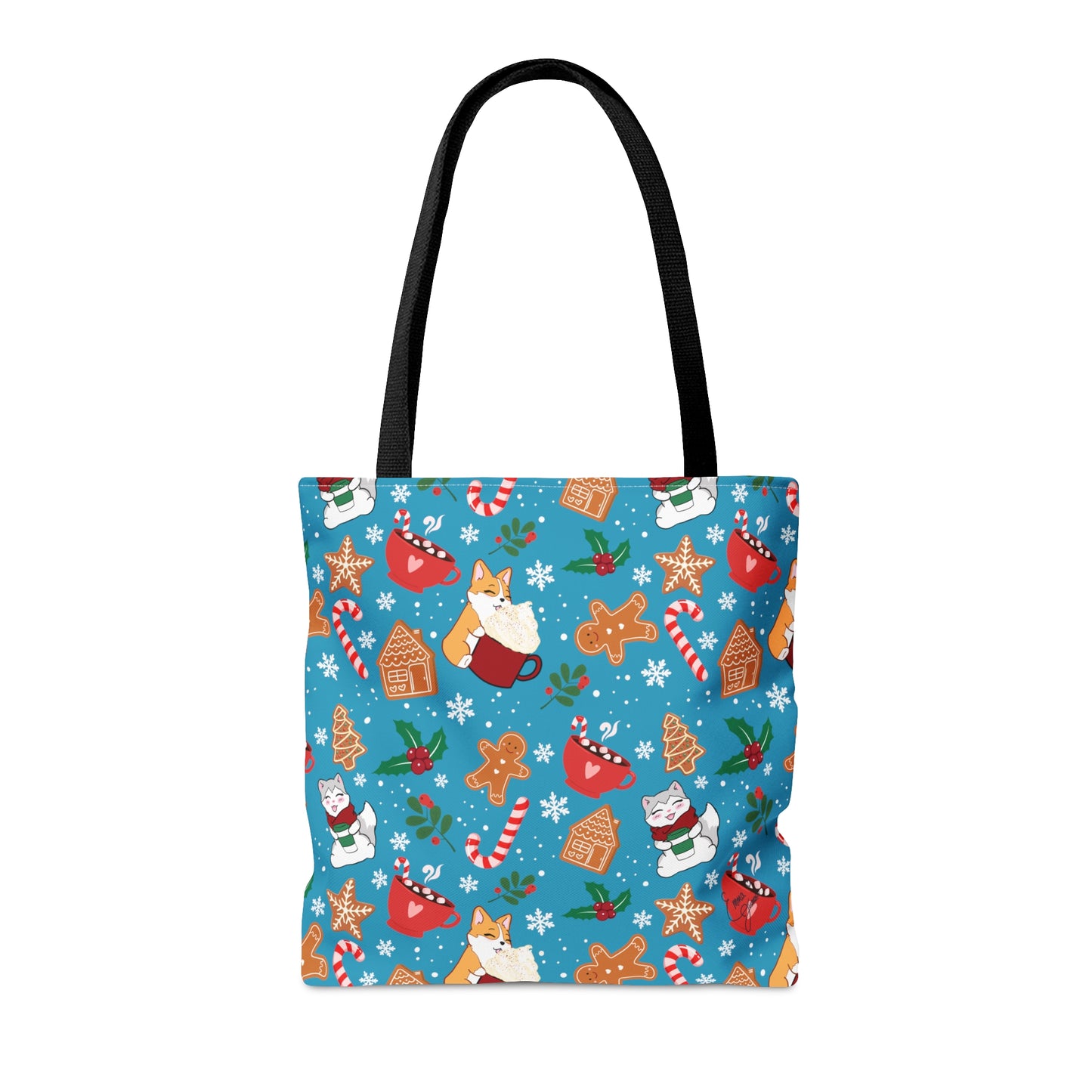 Kitty and Corgi Cocoa and Gingerbread Patterned Turquoise Tote Bag