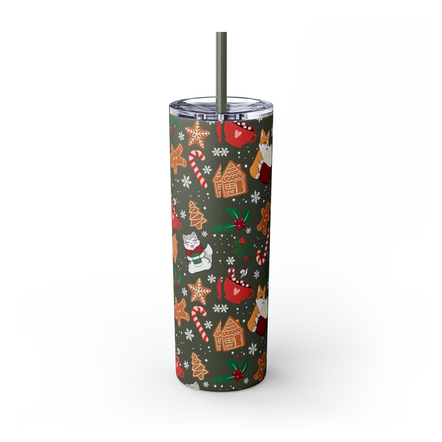 Kitty and Corgi Cocoa and Gingerbread Christmas - Skinny Tumbler with Straw, 20oz