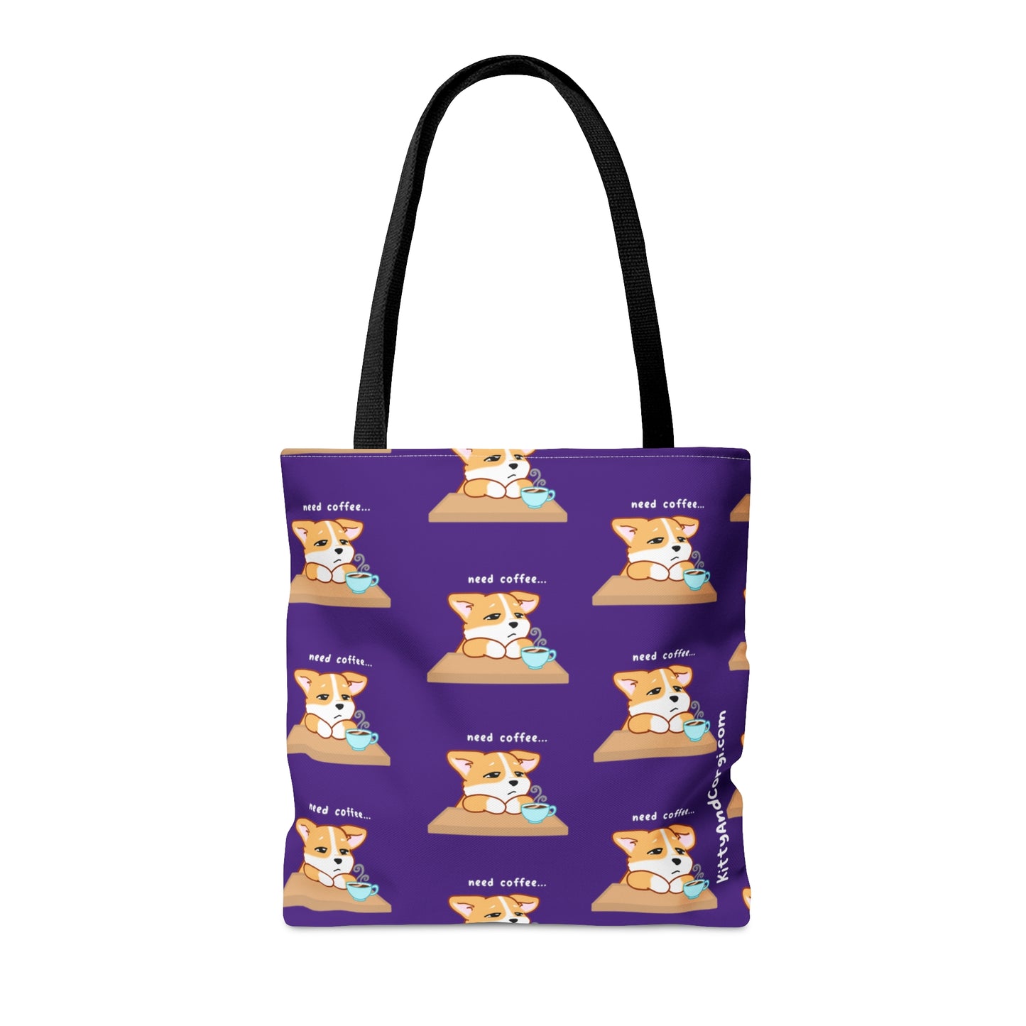 Corgi Needs Coffee - Repeating Pattern in Dark Purple - Tote Bag