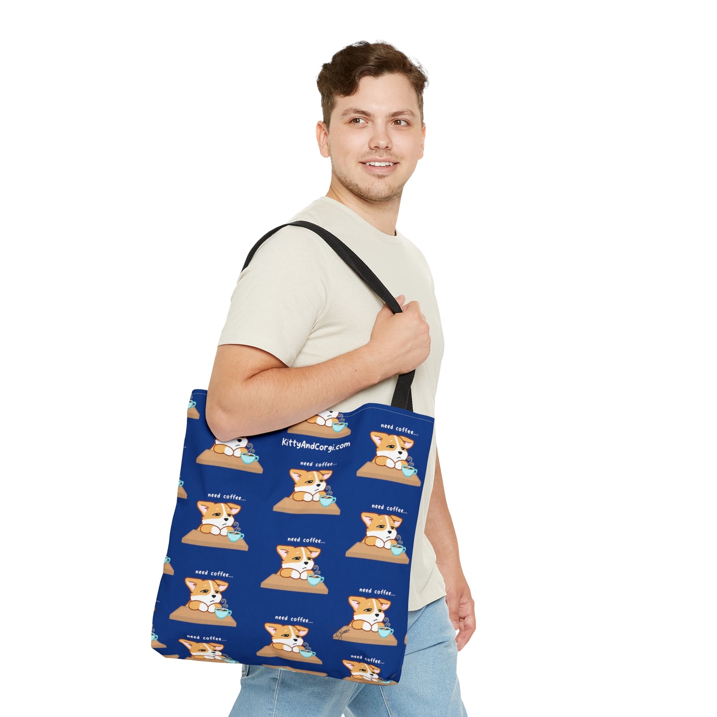 Corgi Needs Coffee - Repeating Pattern in Midnight Blue - Tote Bag