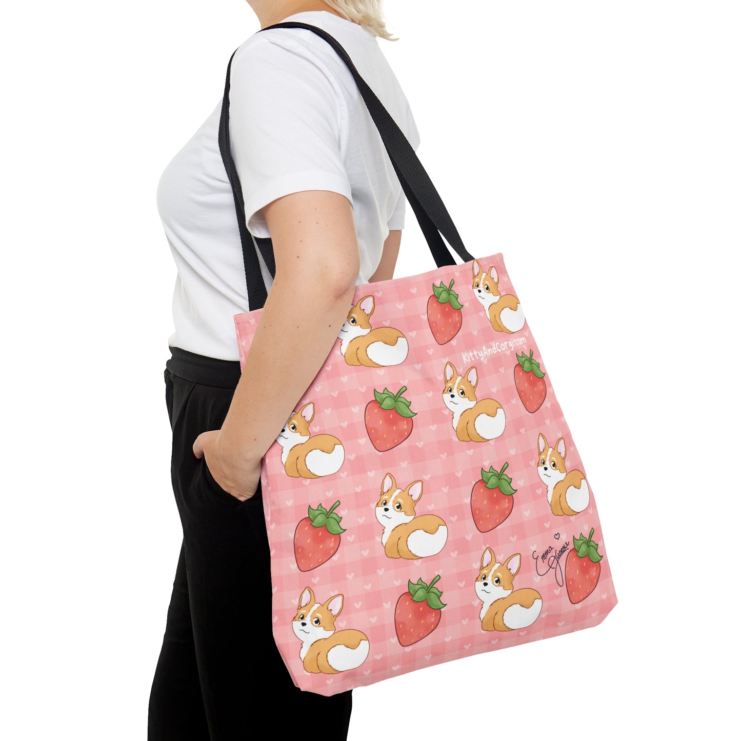 Corgi Butt and Strawberries Pink Heart Gingham Tote Bag