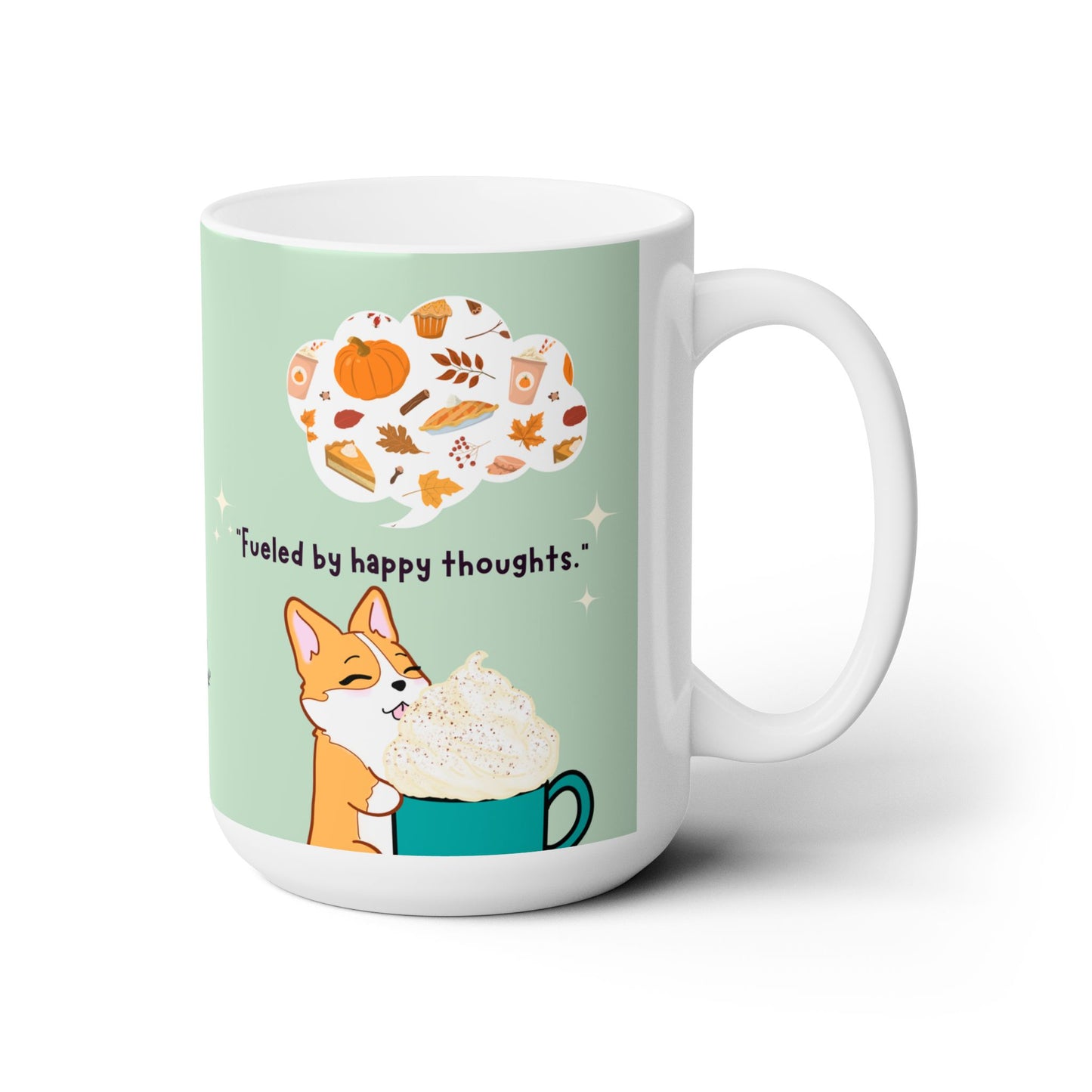 Kitty and Corgi Fueled by Happy Thoughts for Autumn Lovers - sage green - 15 oz Mug