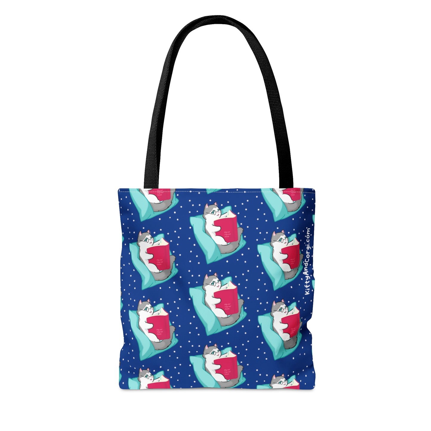 Kitty Reading a Book - Repeating Pattern in Midnight Blue - Tote Bag (AOP)