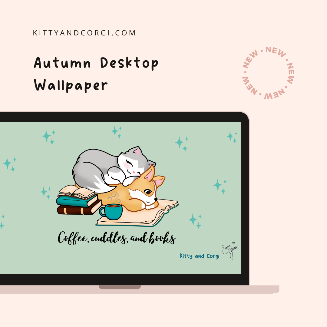 Sage Green Kitty and Corgi Cozy Fall Vibes 4k Desktop Wallpaper Bundle