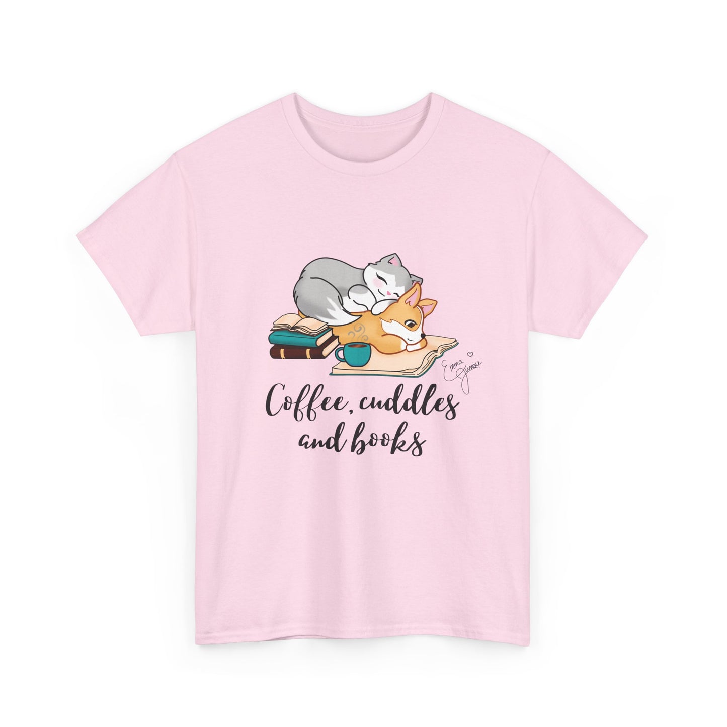 Kitty and Corgi Coffee Cuddles and Books Unisex Heavy Cotton Tee