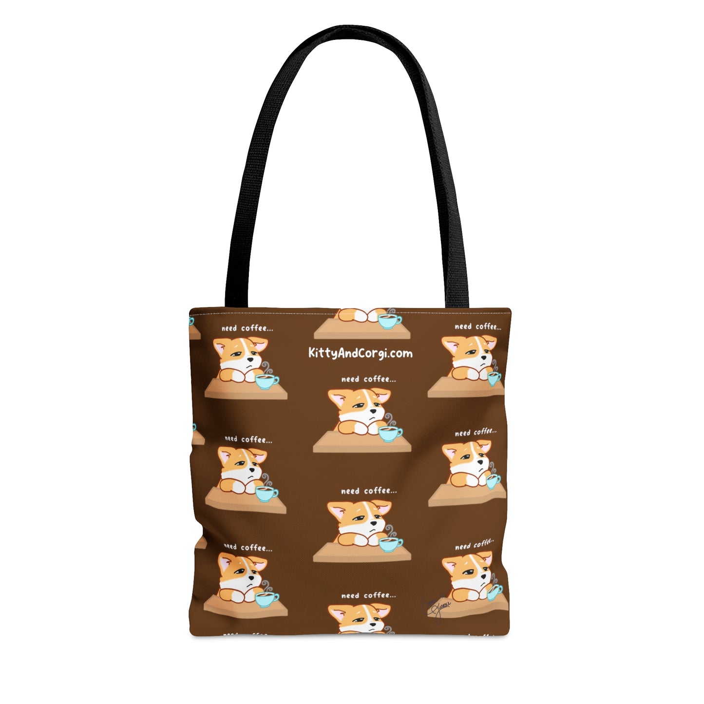 Corgi Needs Coffee - Repeating Pattern in Coffee Brown - Tote Bag