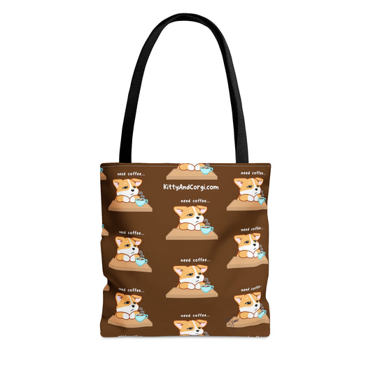 Corgi Needs Coffee - Repeating Pattern in Coffee Brown - Tote Bag
