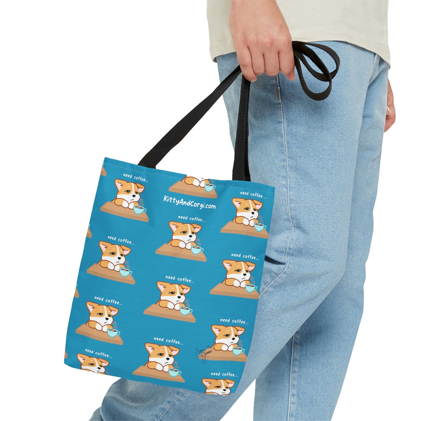 Corgi Needs Coffee - Repeating Pattern in Turquoise - Tote Bag