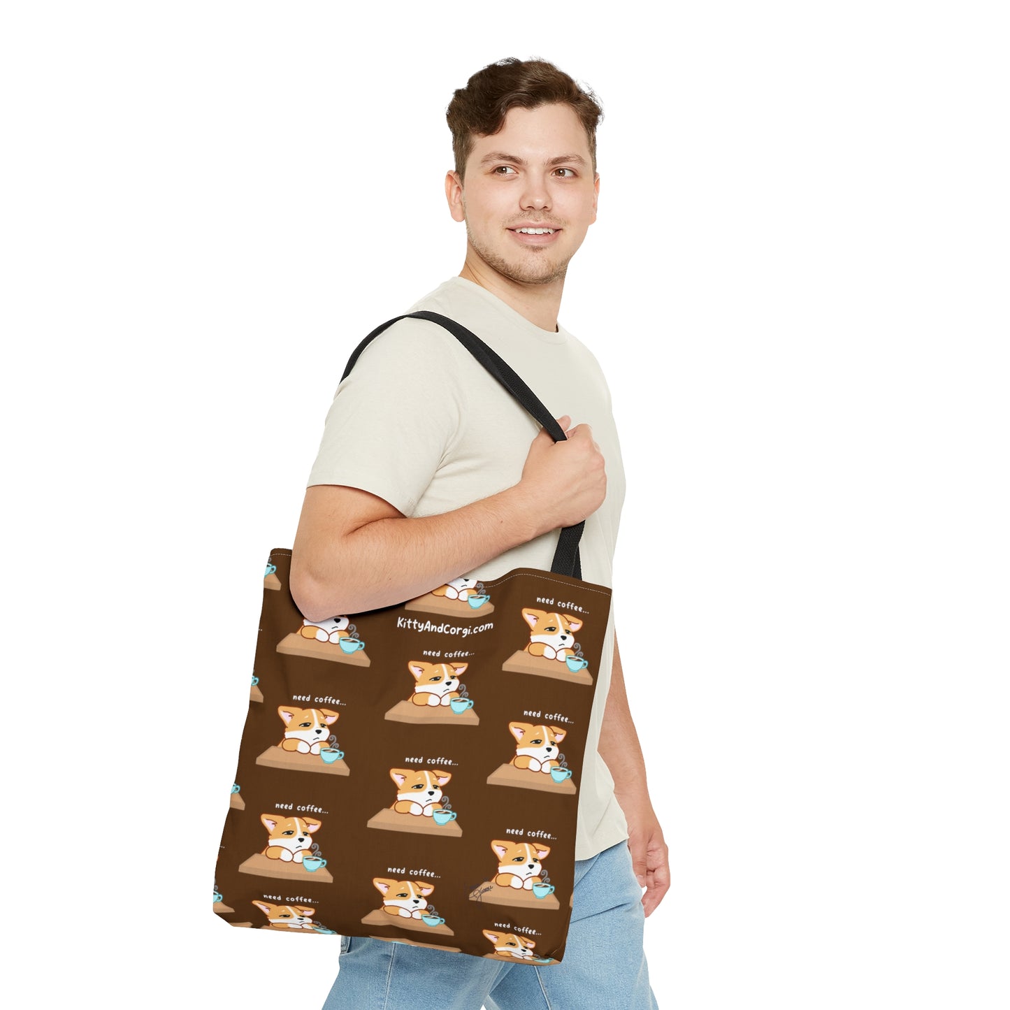 Corgi Needs Coffee - Repeating Pattern in Coffee Brown - Tote Bag