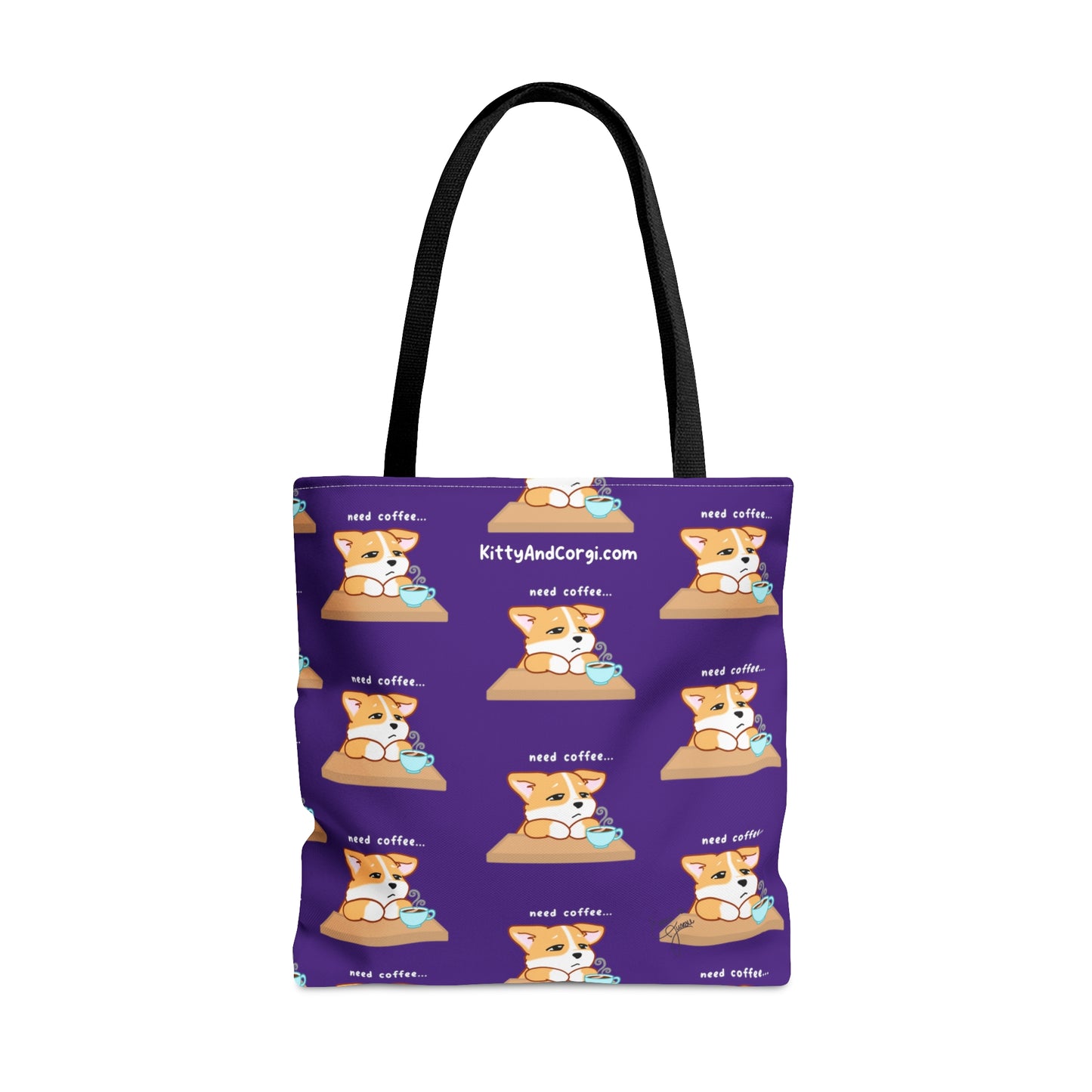 Corgi Needs Coffee - Repeating Pattern in Dark Purple - Tote Bag
