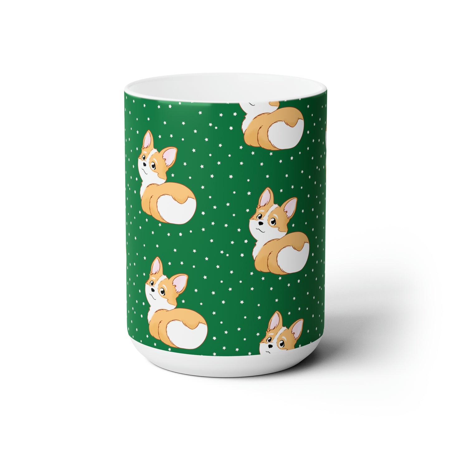 Corgi Butt Patterned Ceramic Mug - Christmas Green with stars - 15oz