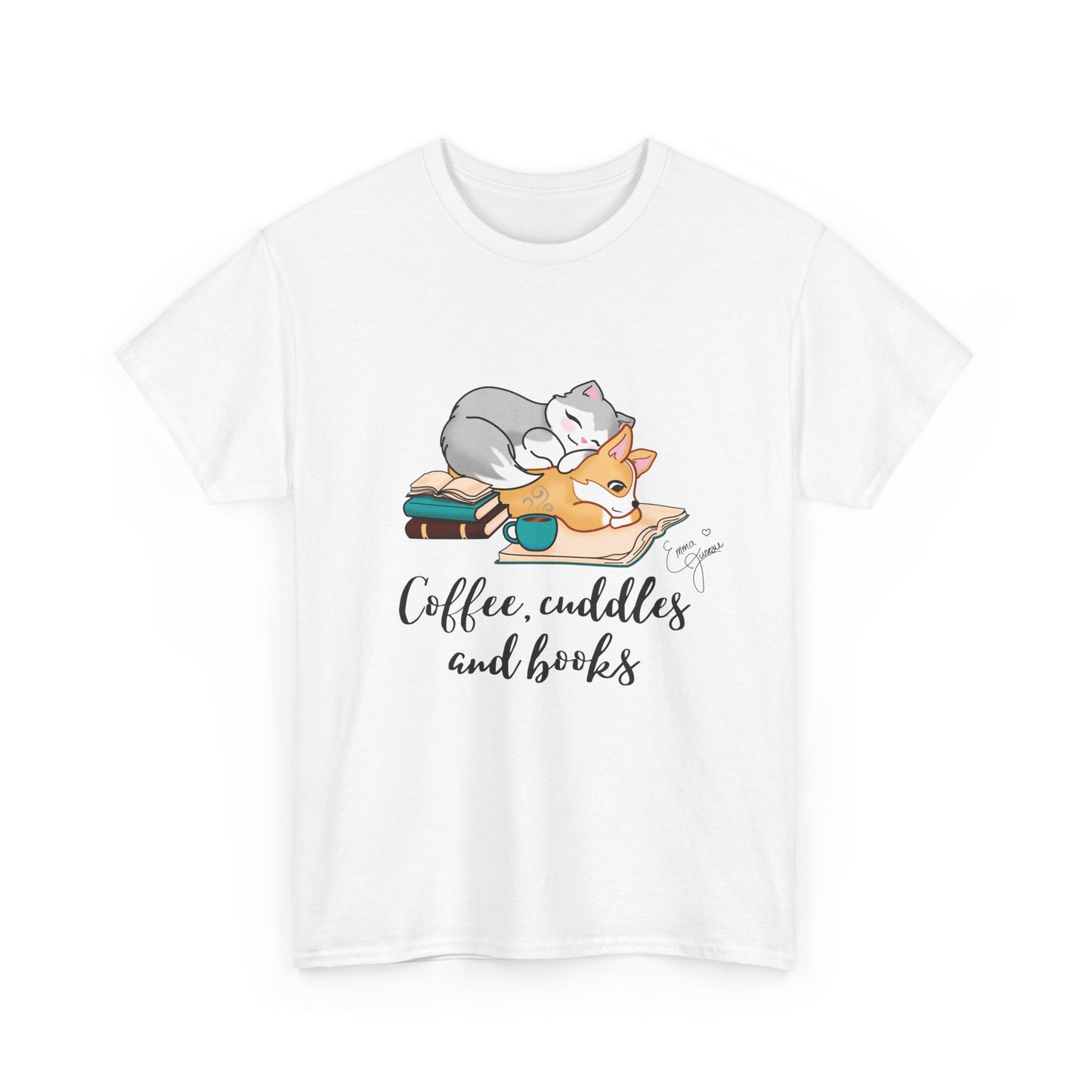 Kitty and Corgi Coffee Cuddles and Books Unisex Heavy Cotton Tee