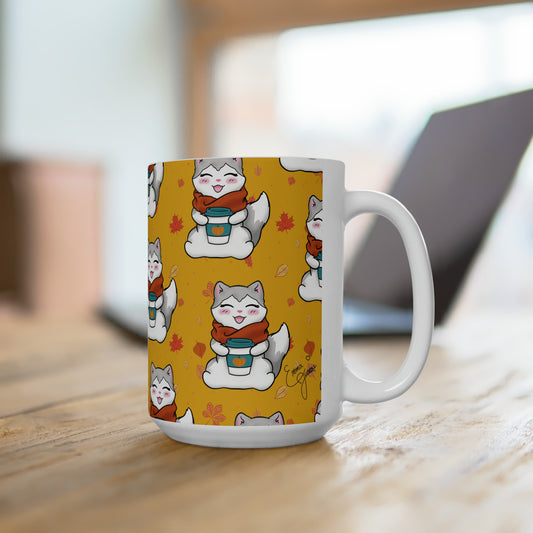 Kitty loves her seasonal Fall drinks! - Autumn Yellow patterned mug - 15oz