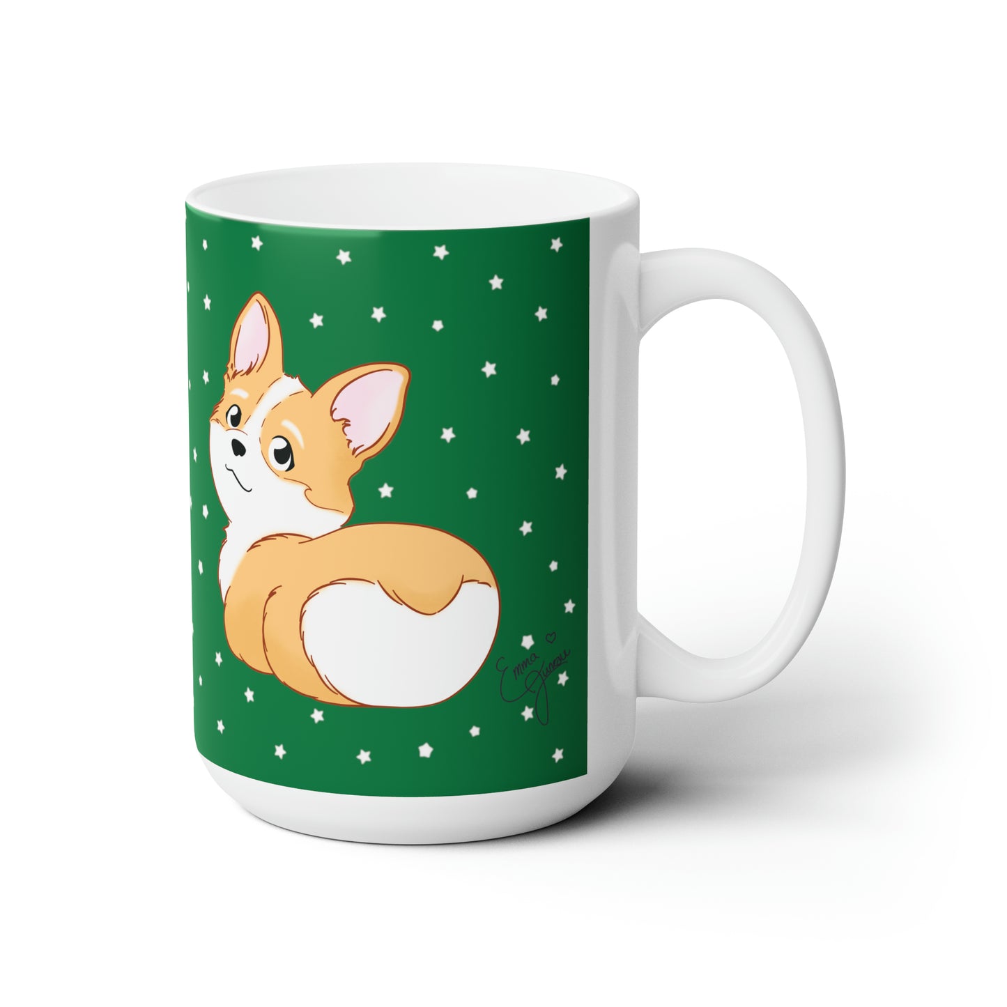 Corgi Butt Ceramic Mug in Christmas Green with stars - single design 15oz