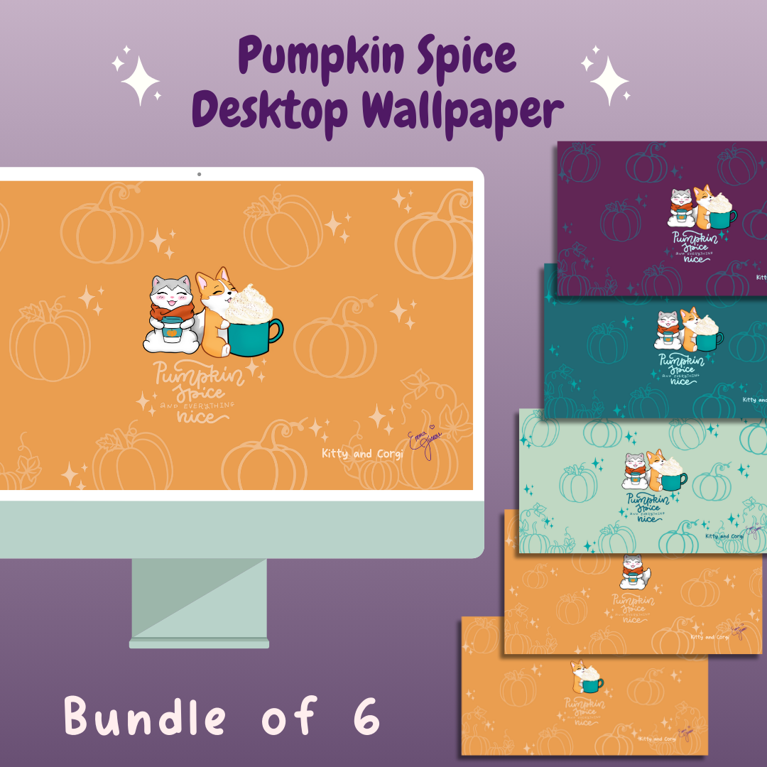Kitty and Corgi Pumpkin Spice and Everything Nice 4k Desktop Wallpaper Bundle