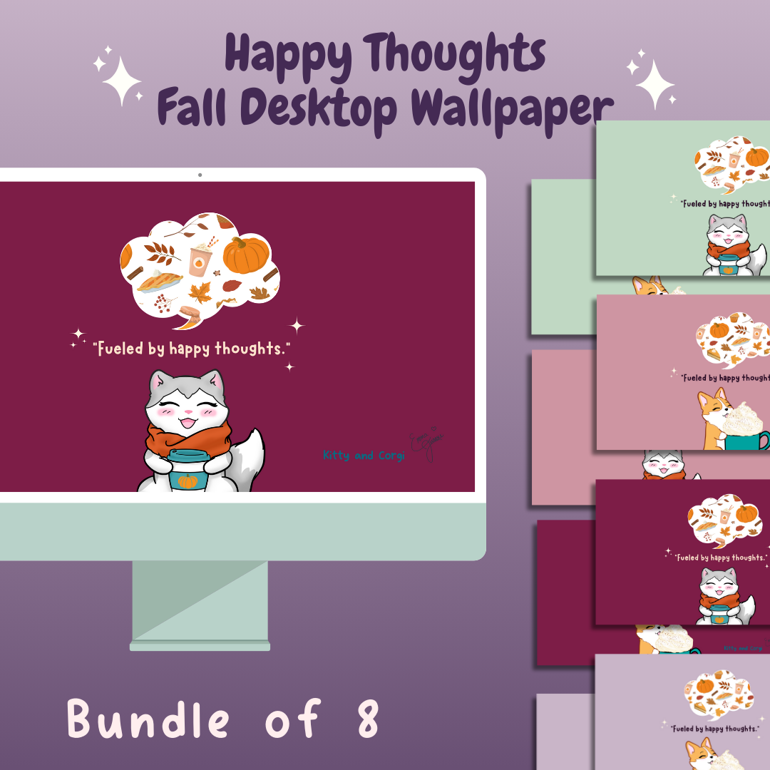 Fueled by Happy Thoughts Kitty and Corgi Pumpkin Season - Dual Monitor 4K Desktop Wallpaper