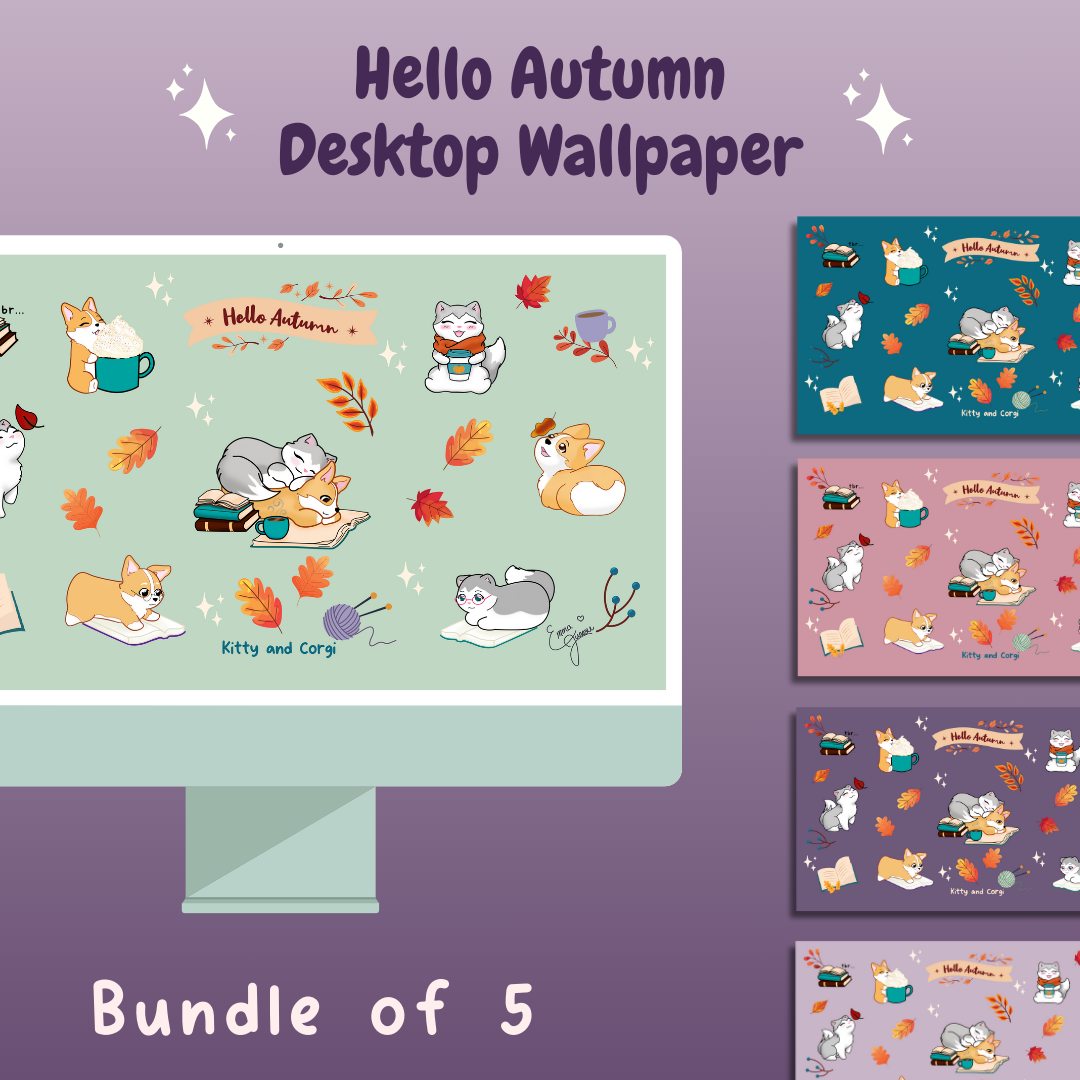 Kitty and Corgi Hello Autumn 4k Desktop Wallpaper Bundle