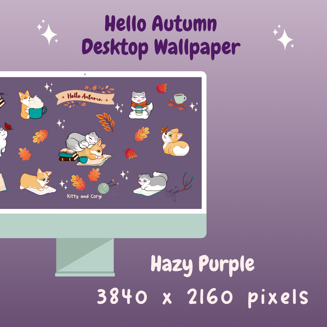 Kitty and Corgi Hello Autumn 4k Desktop Wallpaper Bundle