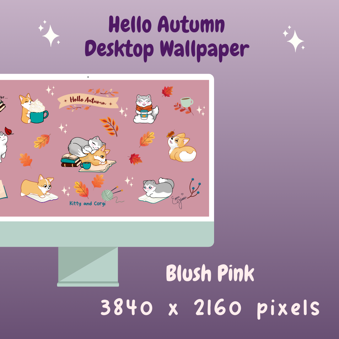 Kitty and Corgi Hello Autumn 4k Desktop Wallpaper Bundle