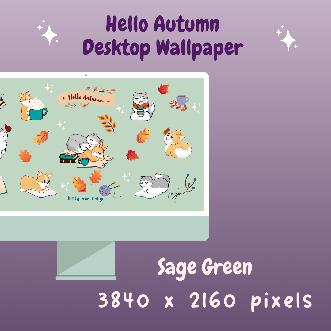 Kitty and Corgi Hello Autumn 4k Desktop Wallpaper Bundle