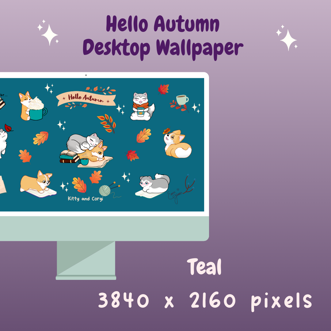 Kitty and Corgi Hello Autumn 4k Desktop Wallpaper Bundle