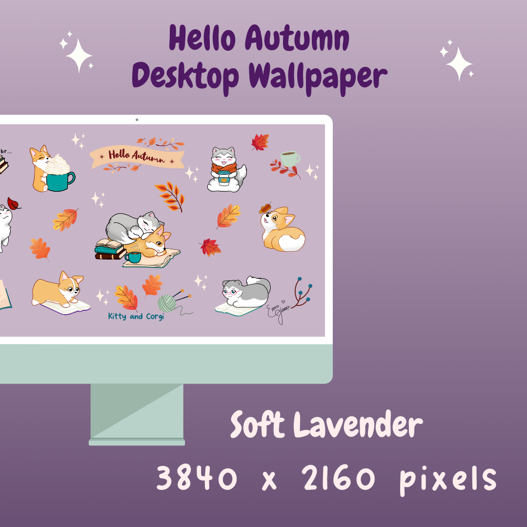 Kitty and Corgi Hello Autumn 4k Desktop Wallpaper Bundle
