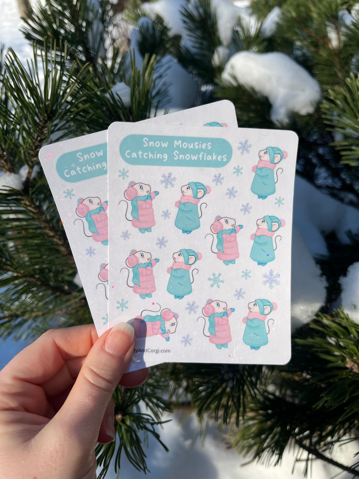 Snow Mousies Catching Snowflakes Holographic Sticker Sheet