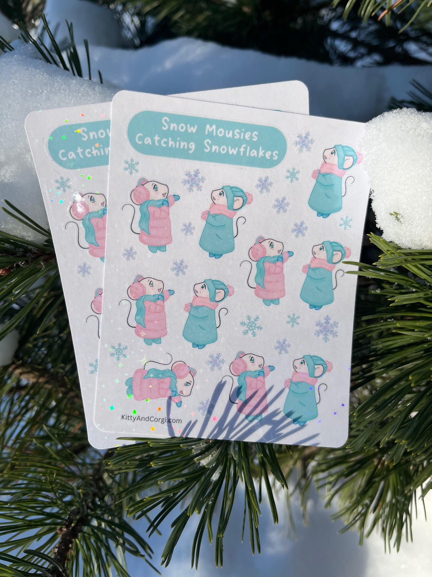 Snow Mousies Catching Snowflakes Holographic Sticker Sheet