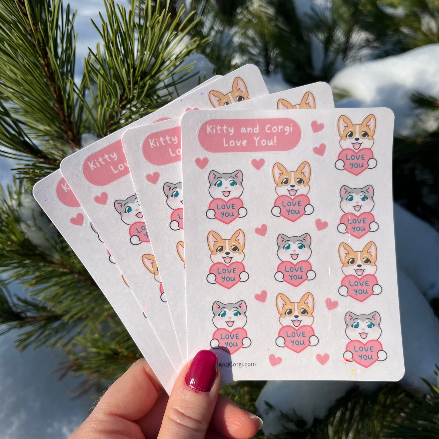 Valentine's Kitty and Corgi Love You Holographic Sticker Sheet